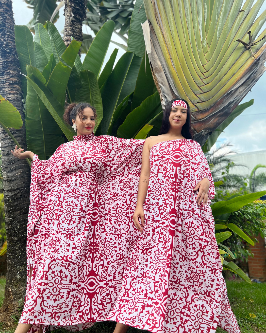 Red and White Boho Print, Mock Turtleneck Belted Kaftan