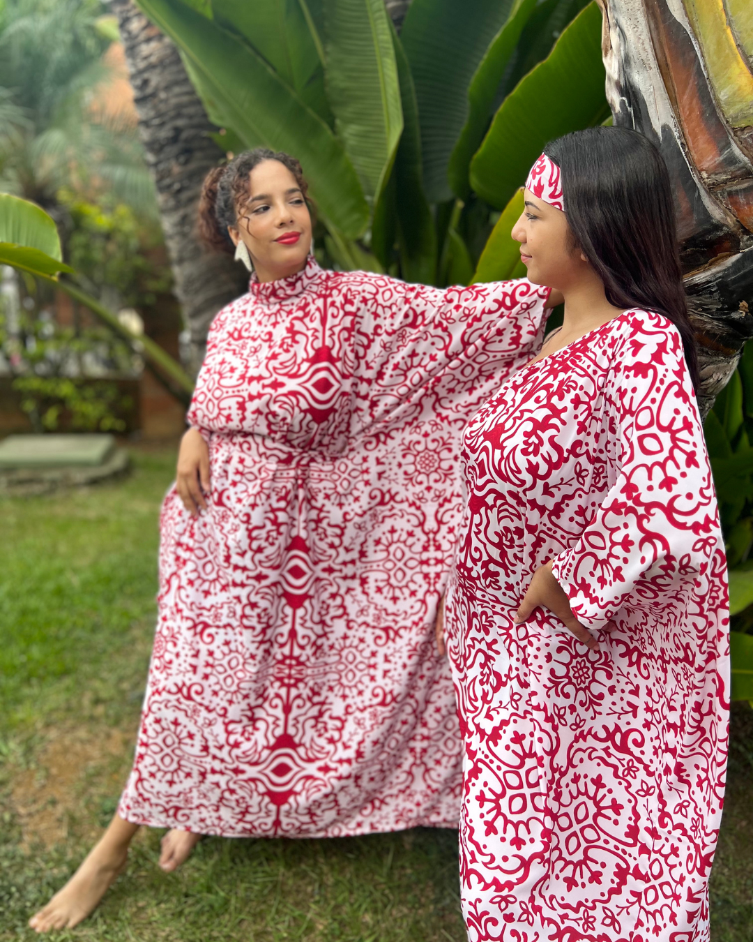 Red and White Boho Print, Mock Turtleneck Belted Kaftan