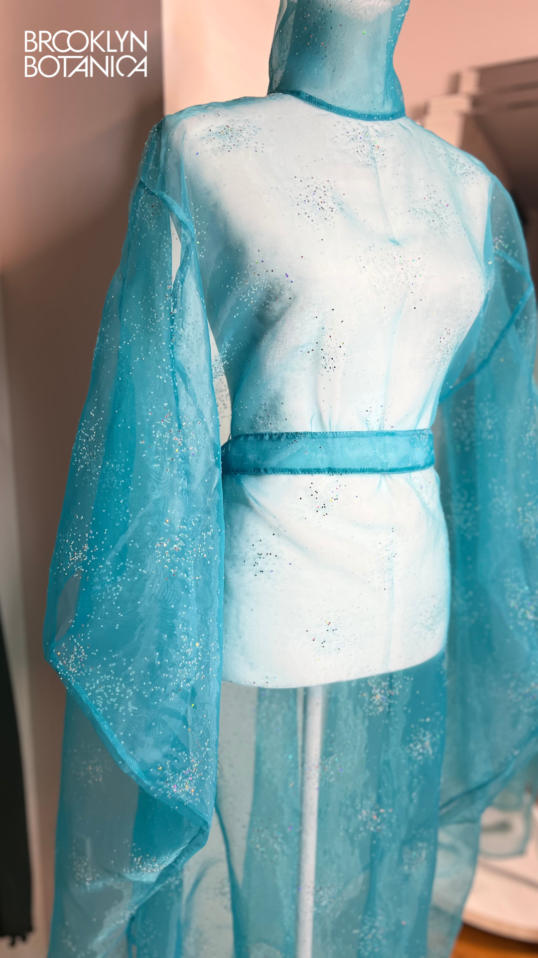 Ice Blue Sparkly Organza, Mock Turtleneck Belted Kaftan