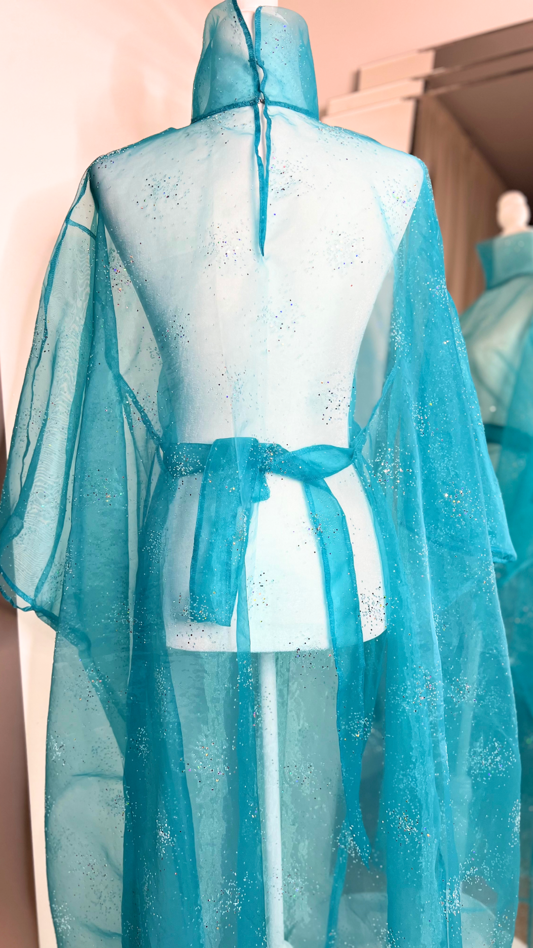 Ice Blue Sparkly Organza, Mock Turtleneck Belted Kaftan