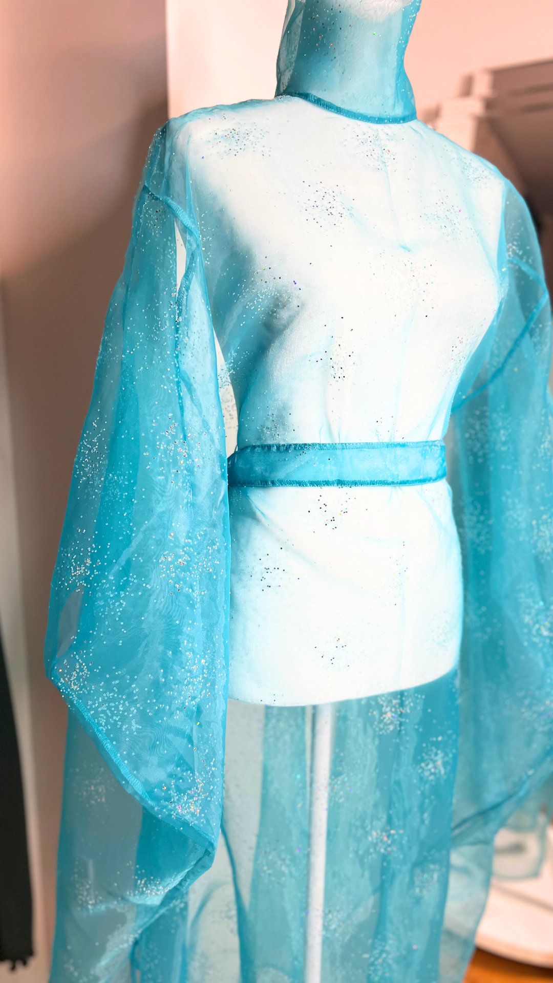 Ice Blue Sparkly Organza, Mock Turtleneck Belted Kaftan