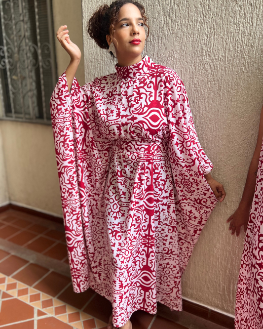 Red and White Boho Print, Mock Turtleneck Belted Kaftan