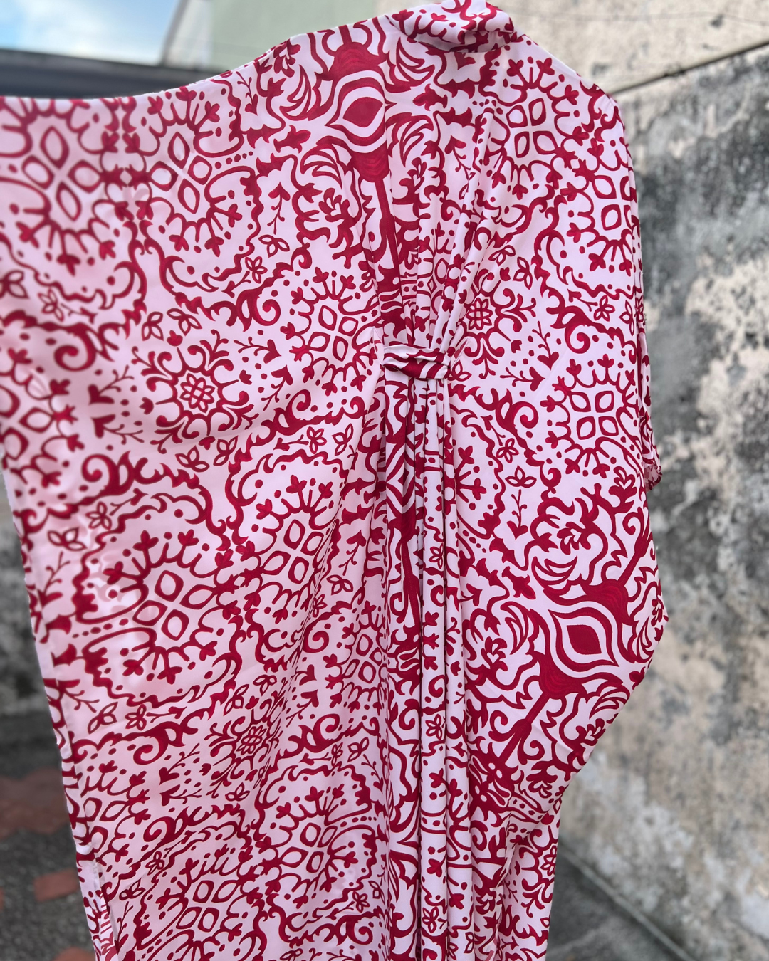 Red and White Boho Print, Mock Turtleneck Belted Kaftan