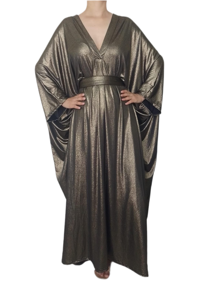Metallic gold dress with long sleeves and a belt on a white background