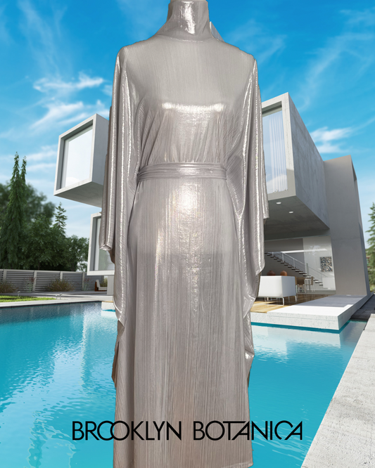 Retro 70's Metallic Silver Belted, Mock Turtleneck Kaftan