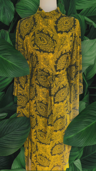 Black Gold Lycra Mock Turtleneck Belted Kaftan